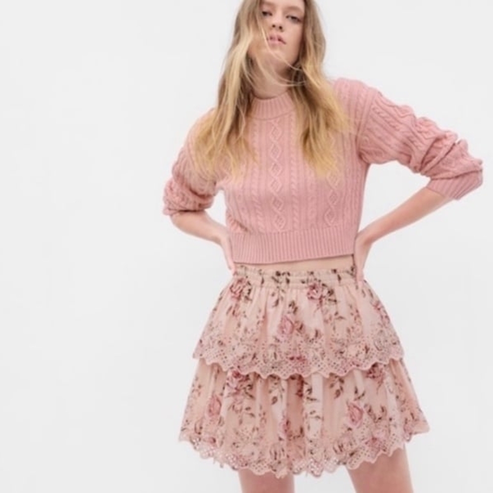 Floral Lace Tiered Skirt - Pink